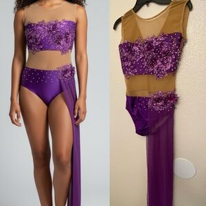 Custom Solo lyrical embellished rhinestone Dance Costume purple leotard dress MA
